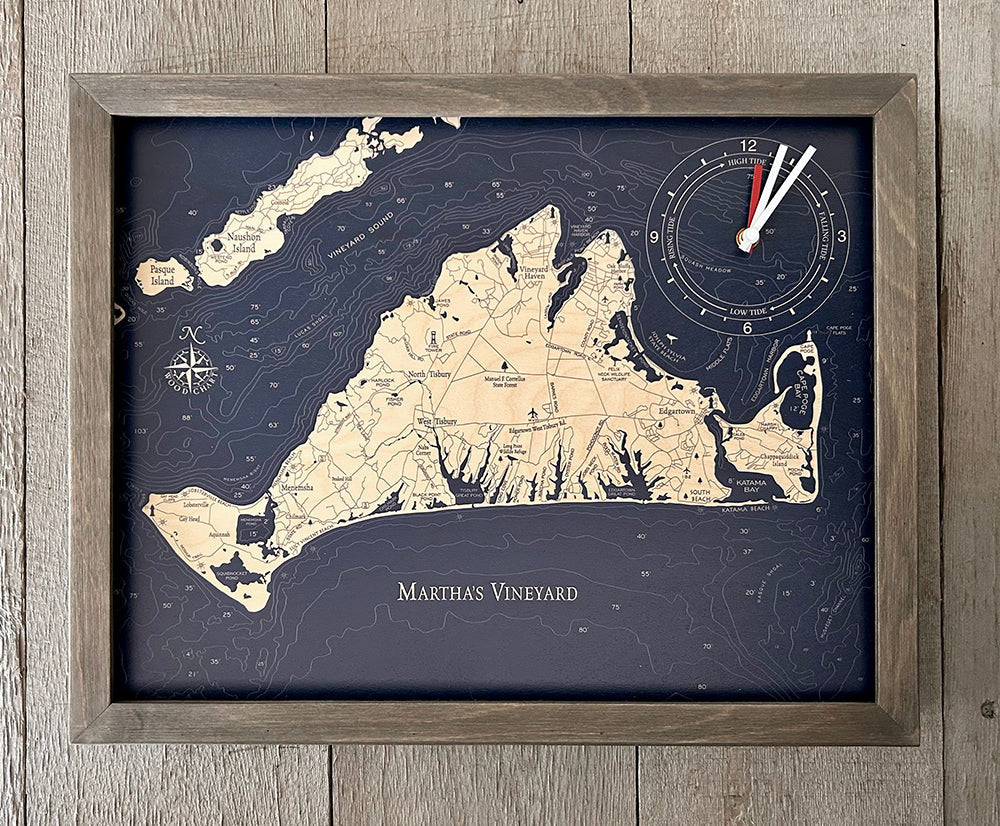 Martha's Vineyard Framed Tide & Time Clock WoodChart