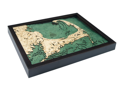 Cape Cod, Massachusetts wood chart map made using green and natural wood on white background laying flat