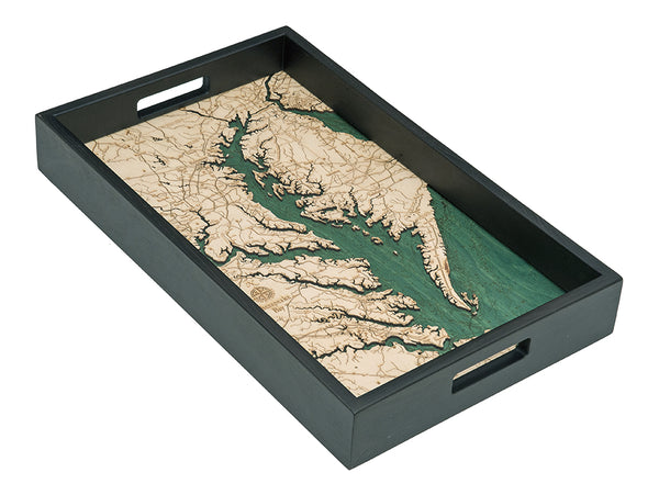 Chesapeake Bay serving tray made using green and natural colored wood on white background