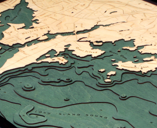 Darien, Connecticut wood chart map made using green and natural colored wood on black background up close