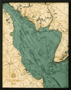 Delaware Bay wood chart map made using green and natural colored wood on black background with dark frame