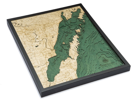 Green Bay/Door County, Wisconsin wood chart map made using green and natural colored wood on white background with dark frame laying flat