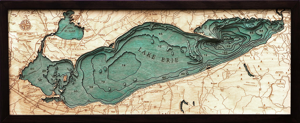 Lake Erie 3-D Nautical Wood Chart, Medium, 13.5 x 31