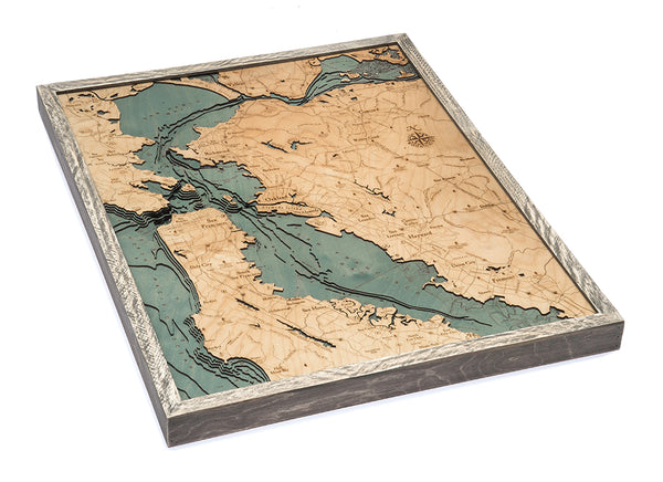 San Francisco Bay, California Map 3-D Nautical Wood Chart in Farm Frame