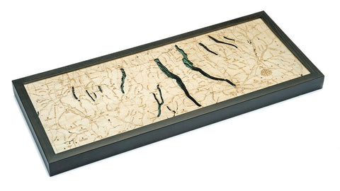 Finger Lakes wood chart map made using green and natural colored wood on white background with dark frame laying flat