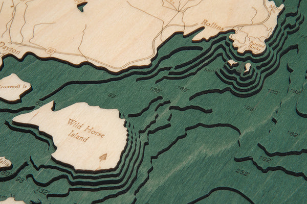 Flathead Lake, Montana wood chart map made using green and natural colored wood up close