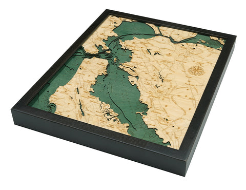 Map of San Francisco Bay, California 3-D Nautical Wood Chart in Dark Frame