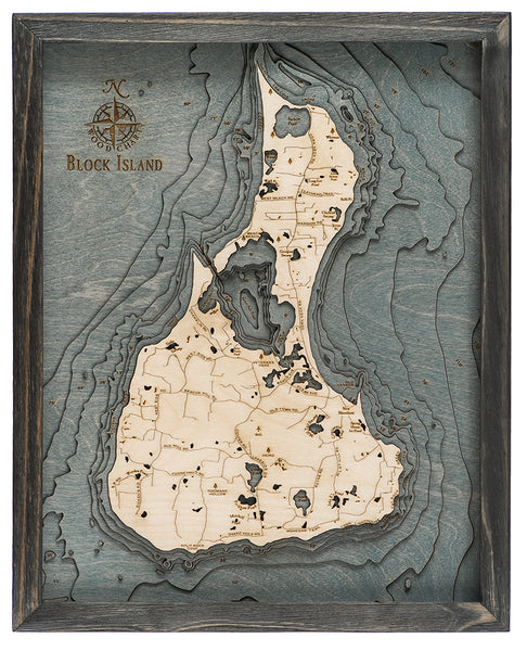 Block Island wood chart map using dark green and natural colored wood on white background with dark frame