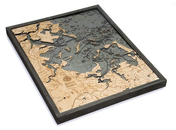 Boston Harbor, Massachusetts wood chart map made using dark green and natural wood on white background with dark frame
