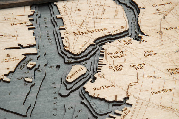 Brooklyn, New York wood chart map made using dark green and natural wood up close
