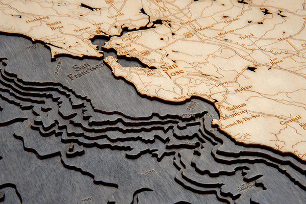 California Coast wood chart map made using dark green and natural wood