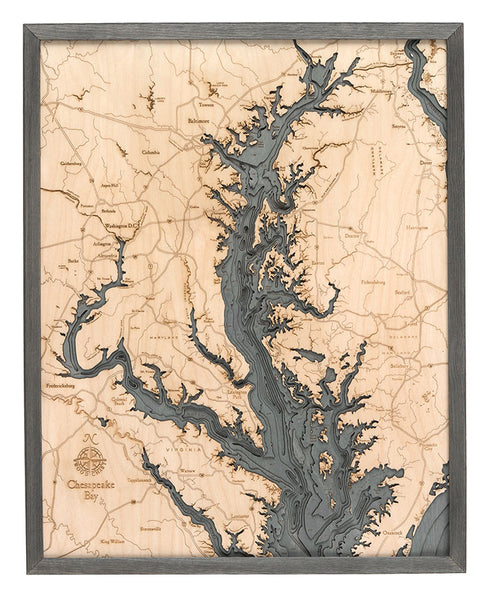 Chesapeake Bay wood chart map made using dark green and natural wood on white background with dark colored frame