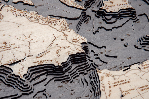 Close up of Topography on Map of Golden Gate San Francisco, California