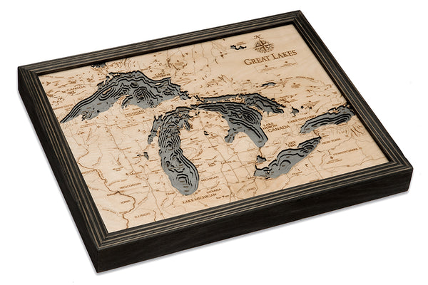 Great Lakes wood chart map made using a darker green and natural colored wood on white background with dark frame laying flat