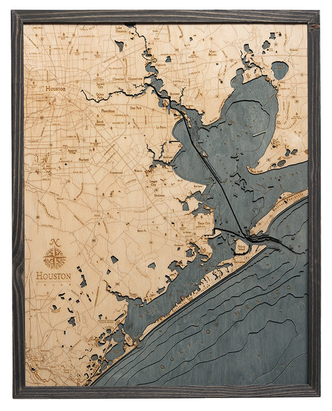 Houston/Galveston, Texas wood chart map made using a darker green and natural colored wood on white background with dark frame