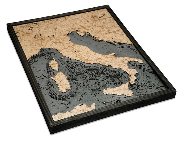 Italy wood chart map made using a darker green and natural colored wood on white background with dark frame laying flat