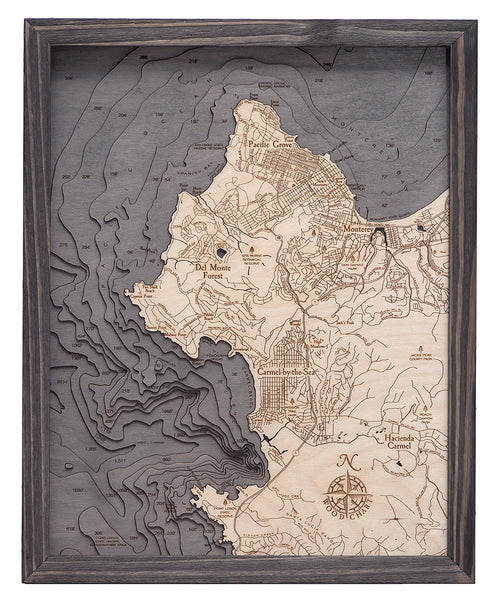 Carmel/Monterey, California wood chart map made using dark green and natural wood on white background