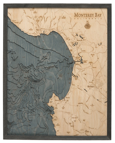 3-D Nautical Wood Chart Map of Monterey Bay in California in Gray Frame