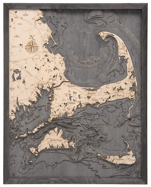 Cape Cod, Massachusetts wood chart map made using dark green and natural wood on white background