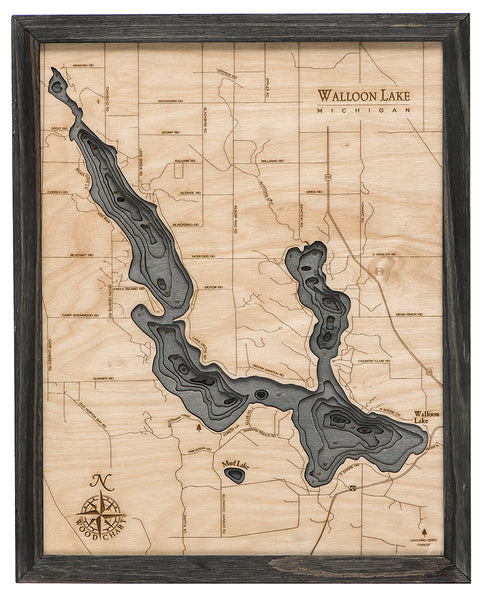 Map of Walloon Lake in Michigan 3-D Nautical Wood Chart in Grey Frame