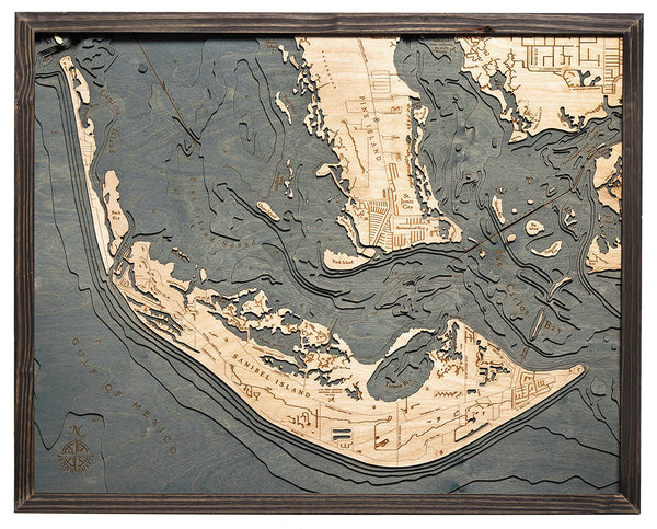 Map of Sanibel Island, Florida 3-D Nautical Wood Chart in Rustic Grey Frame