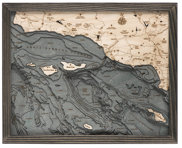 Map of Santa Barbara/Channel Islands 3-D Nautical Wood Chart in Grey Frame