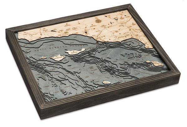Map of Santa Barbara Islands 3-D Nautical Wood Chart in Grey Frame