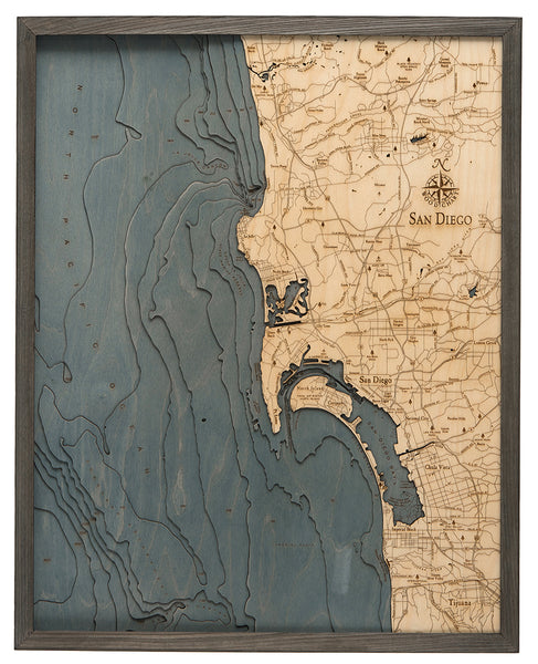 San Diego, California 3-D Nautical Wood Chart in Grey Frame