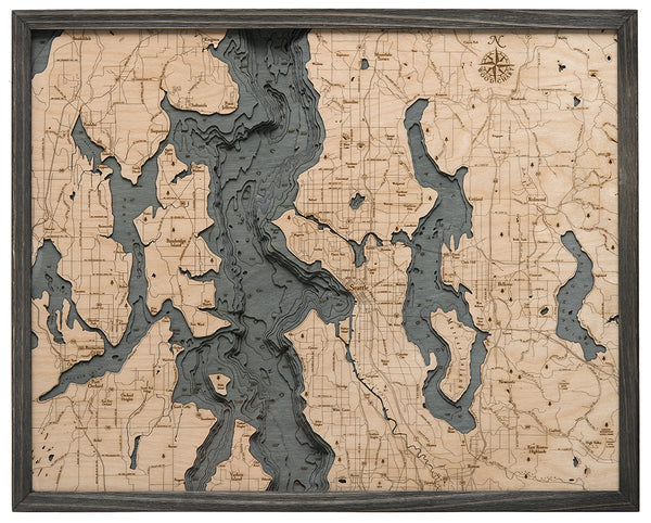 Map of Seattle 3-D Nautical Wood Chart in Rustic Grey Frame