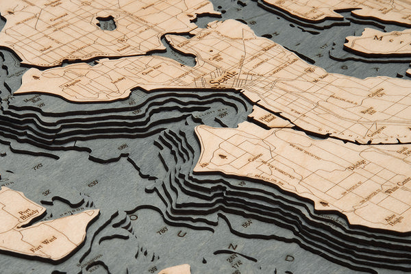 Topography Details on Seattle Map 3-D Nautical Wood Chart