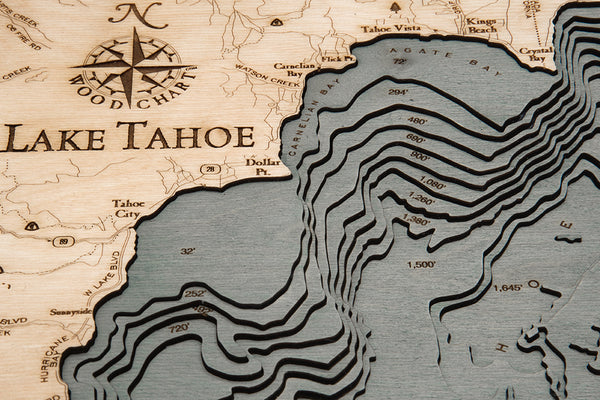 Lake Tahoe 3-D Nautical Wood Chart, Small, 16" x 20"