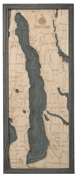 Map of Torch Lake, Michigan 3-D Nautical Wood Chart in Grey Frame
