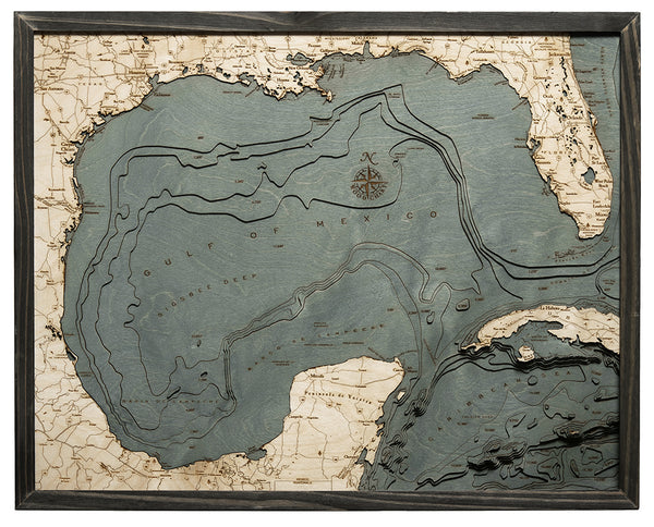 Gulf of Mexico wood chart map made using a darker green and natural colored wood on white background with dark frame