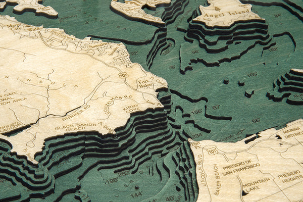 Topography Details on Map of Golden Gate/San Francisco, California 3-D Nautical Wood Chart