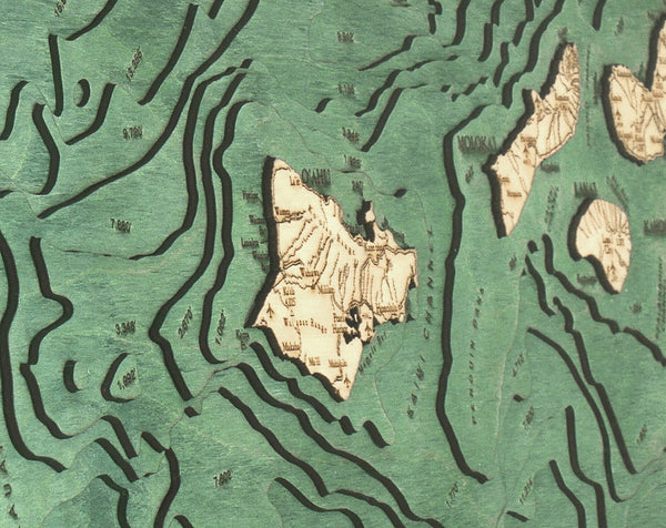 Hawaiian Islands narrow wood chart map made using green and natural colored wood up close