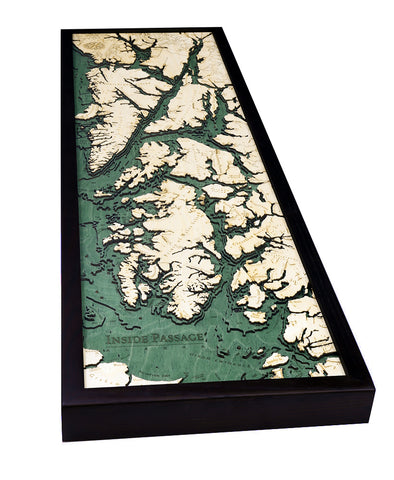 Inside Passage, Alaska wood chart map made using green and natural colored wood on white background with dark frame