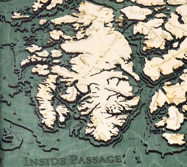 Inside Passage, Alaska wood chart map made using green and natural colored wood up close
