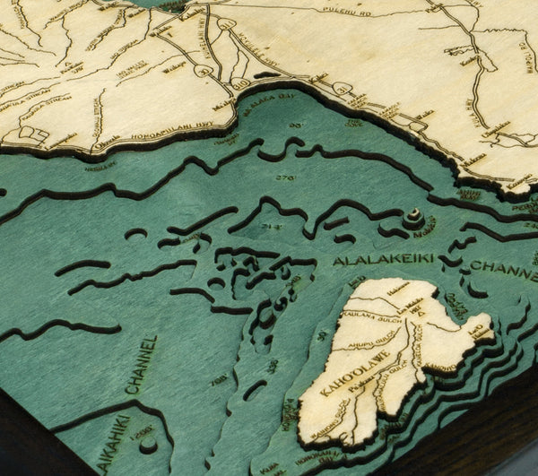 Close up of Topography on Wooden Maui Hawaii Map