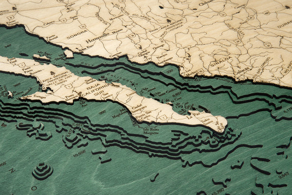 Detail of Topography on Large 3-D Nautical Wood Chart of Mexico