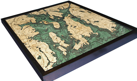 Narragansett and Newport, Rhode Island Map on 3-D Nautical Wood Chart in Dark Frame