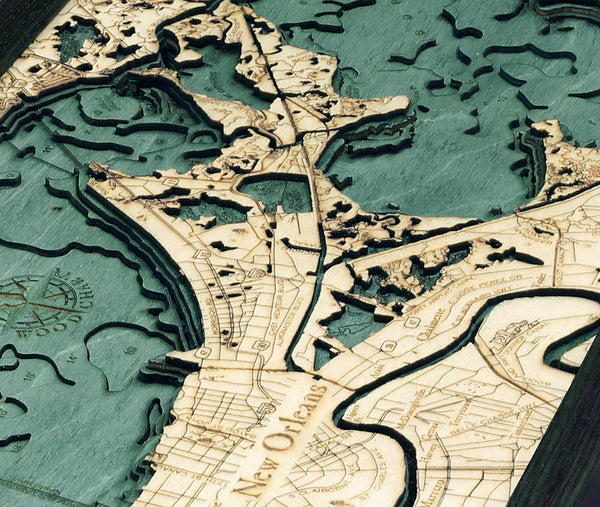 Topography Details of New Orleans, Louisiana Map 3-D Nautical Wood Chart