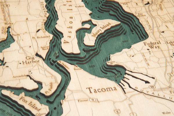 Topography Details on Map of Puget Sound, Washington 3-D Nautical Wood Chart