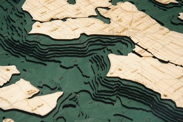 Topography Details on Map of Seattle 3-D Nautical Wood Chart