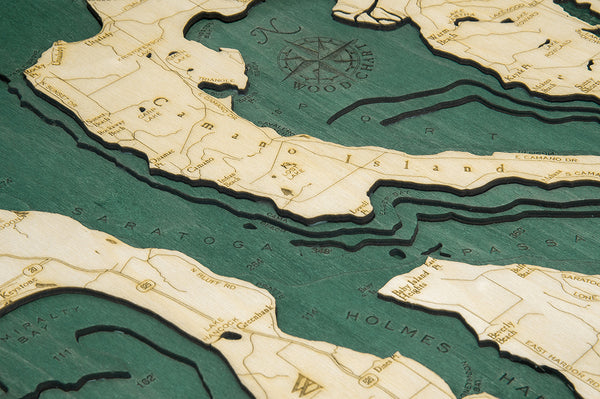 Topography Details on Map of Whidbey and Camano Islands 3-D Nautical Wood Chart