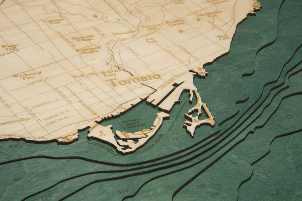 Topography Details on Map of Toronto Canada  3-D Nautical Wood Chart