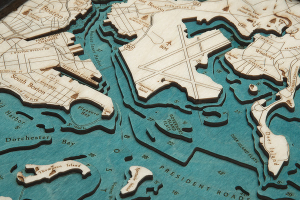 Boston Harbor wood chart map made using blue and natural wood up close