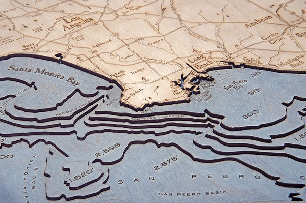 Los Angeles to San Diego, California 3-D Nautical Wood Chart, Large, 24.5" x 31"