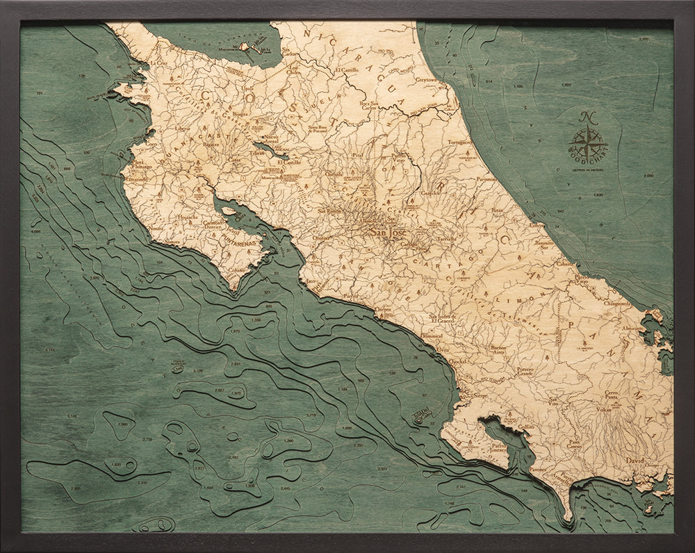 Costa Rica 3-D Nautical Wood Chart, Large, 24.5" x 31"