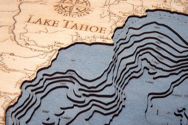 Lake Tahoe 3-D Nautical Wood Chart, Small, 16" x 20"