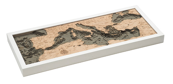 Mediterranean Sea 3-D Nautical Wood Chart, Medium, 13.5" x 31"